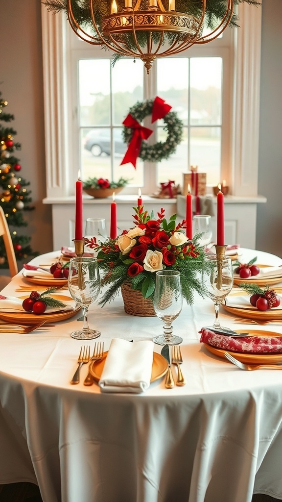 Elegant Christmas Table Settings Ideas A festive Christmas table setting with white tablecloth, golden cutlery, and seasonal decorations.